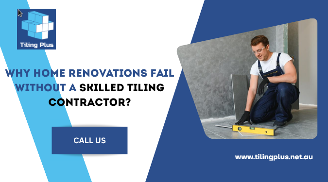 Promotional graphic showing a professional tiling contractor measuring floor tiles during home renovation, highlighting the importance of expert tiling services.